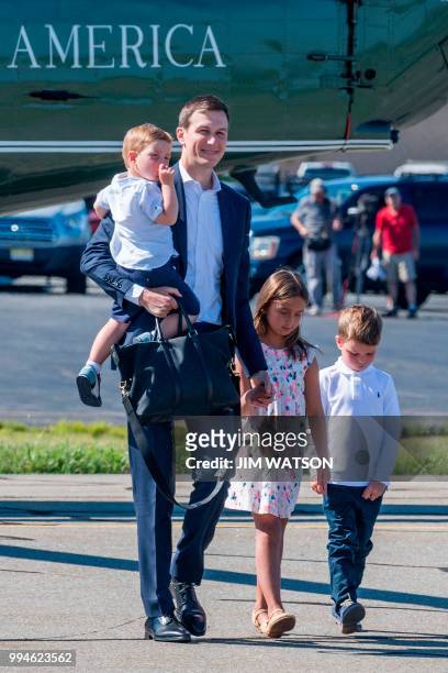 White House advisor Jared Kushner, the son-in-law of US President Donald Trump, arrives at Morristown Municipal Airport with his children in...