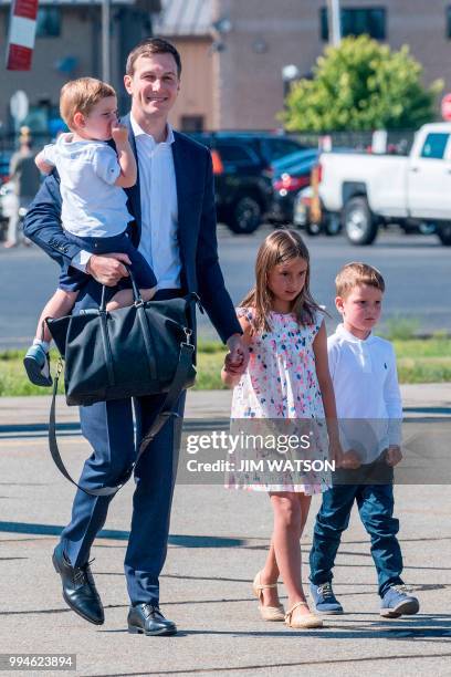 White House advisor Jared Kushner, the son-in-law of US President Donald Trump, arrives at Morristown Municipal Airport with his children in...