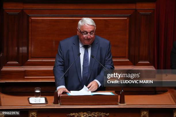 Member of the Rassemblement Democrate et social Europeen at the Senate Jean-Claude Requier delivers a speech during a special congress gathering both...