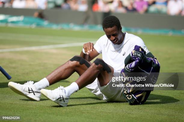 Mens Singles - Gael Monfils v Kevin Anderson - Gael Monfils gets up after falling for a third time at All England Lawn Tennis and Croquet Club on...