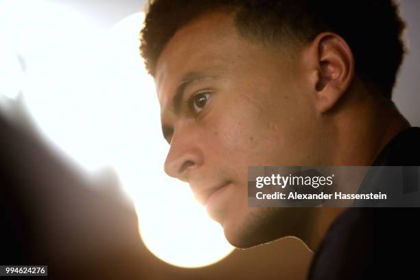 Dele Alli of England speaks to the media during an England press conference at Repino Cronwell Park Hotel on July 9, 2018 in Saint Petersburg, Russia.