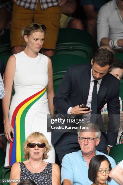 Lara Stone and Richard Grieveson attend day seven of the Wimbledon Tennis Championships at the All England Lawn Tennis and Croquet Club on July 9,...