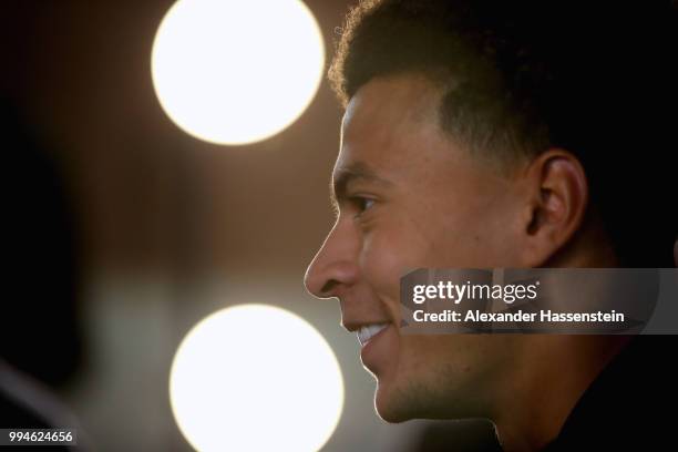 Dele Alli of England speaks to the media during an England press conference at Repino Cronwell Park Hotel on July 9, 2018 in Saint Petersburg, Russia.