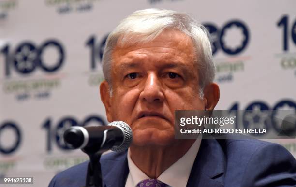 Mexico's President-elect Andres Manuel Lopez Obrador delivers a press conference after a private meeting with Mexican businessmen at a hotel in...