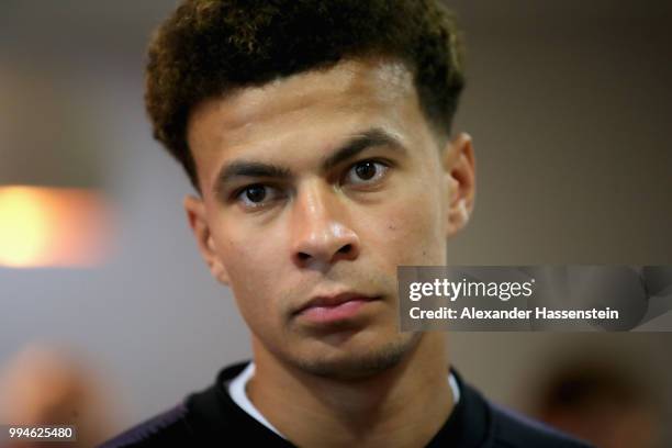 Dele Alli of England speaks to the media during an England press conference at Repino Cronwell Park Hotel on July 9, 2018 in Saint Petersburg, Russia.