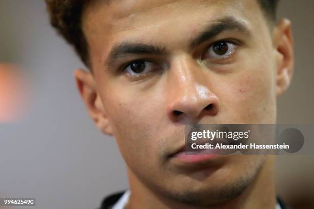 Dele Alli of England speaks to the media during an England press conference at Repino Cronwell Park Hotel on July 9, 2018 in Saint Petersburg, Russia.