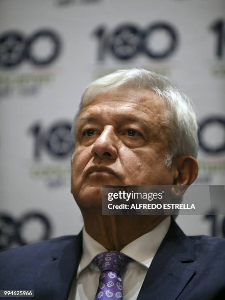 Mexico's President-elect Andres Manuel Lopez Obrador delivers a press conference after a private meeting with Mexican businessmen at a hotel in...