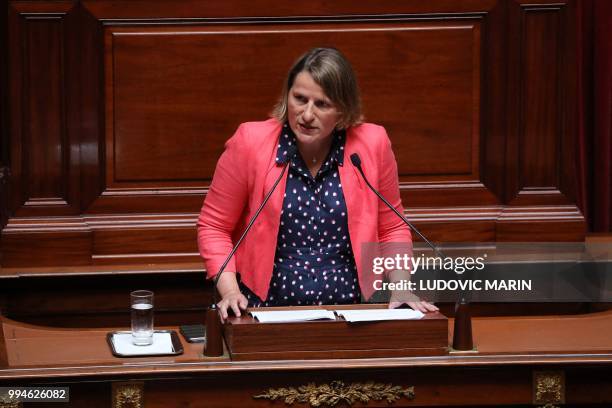 French left-wing Nouvelle Gauche parliamentary group member of Parliament Valerie Rabault delivers a speech during a special congress gathering both...