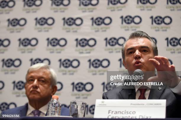 The president of the Mexican Confederation of Industrial Chambers, Francisco Cervantes Diaz , speaks during a press conference next to Mexico's...