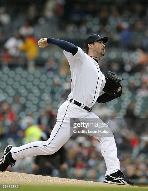 Justin Verlander of the Detroit Tigers warms up in the first inning prior to the start of the game against the New York Yankees on May 13, 2010 at...