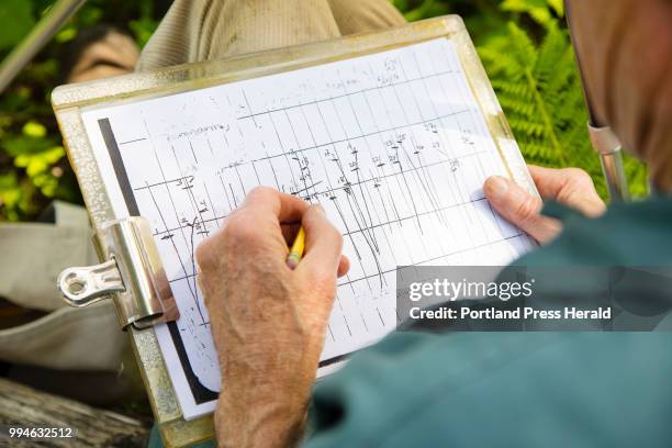 Part of a two-year-long great blue heron study, a robust colony of the big blue wading bird is counted and charted by a program volunteer, in a...