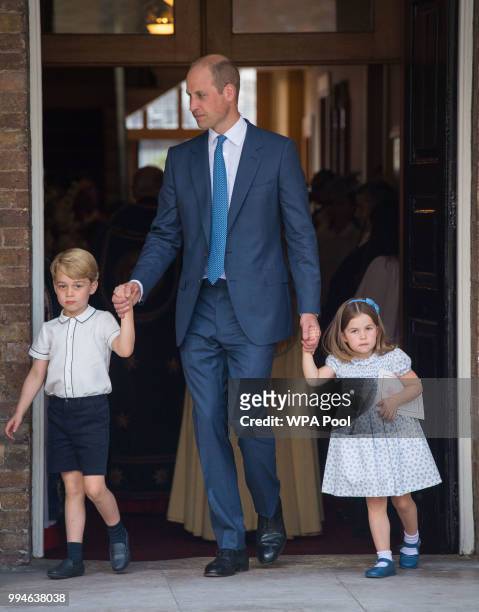 Prince William, Duke of Cambridge with Prince George and Princess Charlotte depart after attending Prince Louis' christening at the Chapel Royal, St...