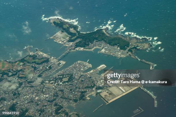 jogashima island and misaki harbor in miura city in japan daytime aerial view from airplane - 三浦半島 ストックフォトと画像