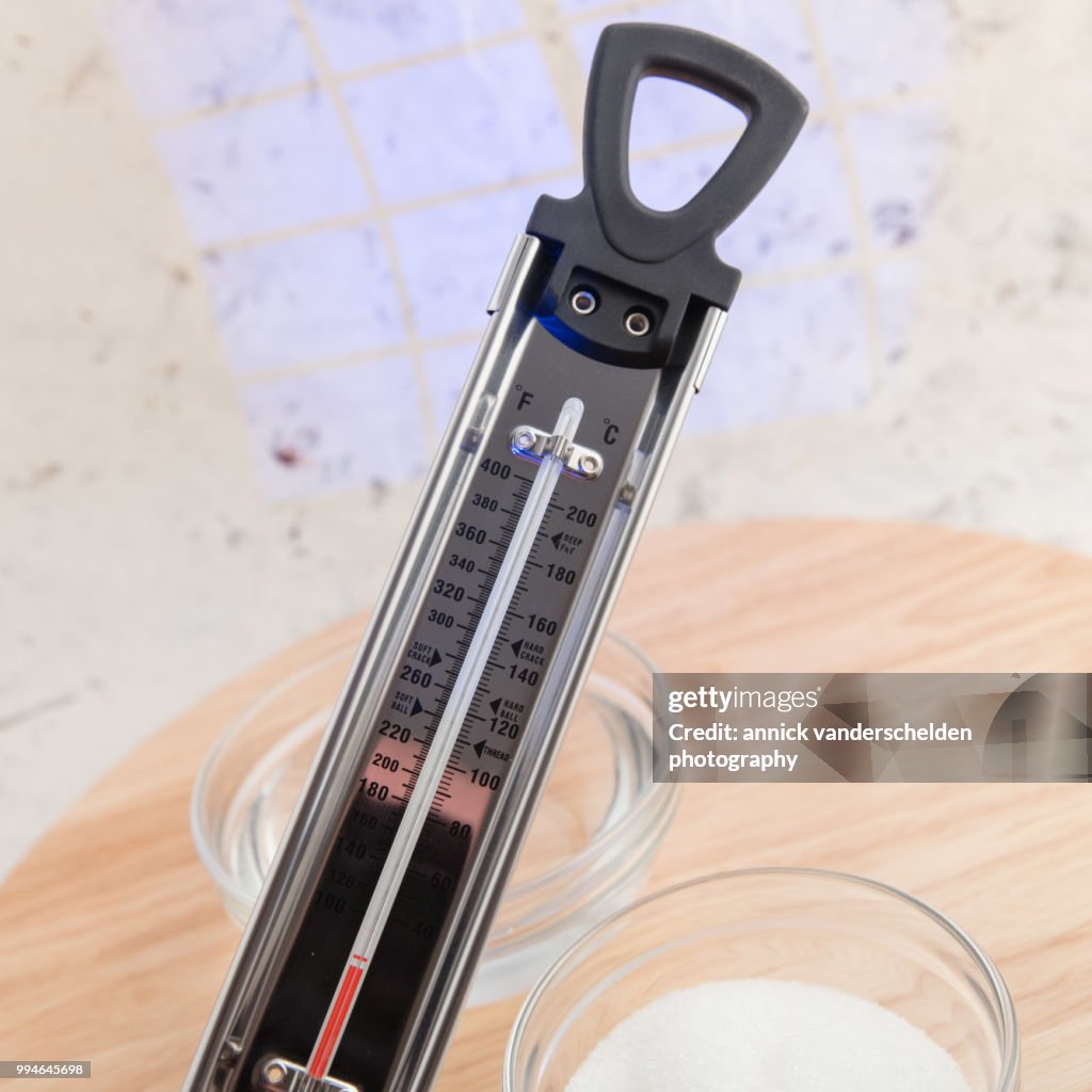 Sugar Thermometer Granulated Sugar And Water High-Res Stock Photo