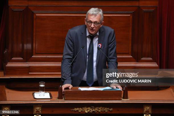 French Communist Party General Secretary and senator Pierre Laurent delivers a speech during a special congress gathering both houses of Parliament...