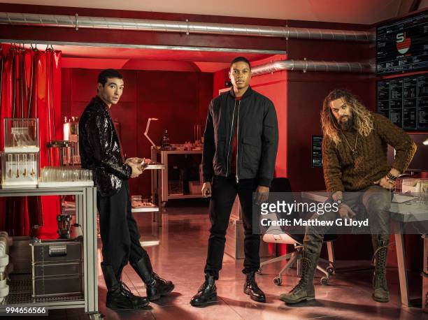 Actors from the film Justice League, Ezra Miller, Ray Fisher and Jason Momoa are photographed for the Los Angeles Times on November 4, 2015 in...