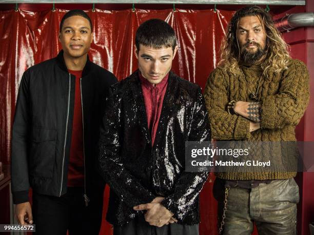 Actors from the film Justice League, Ray Fisher, Ezra Miller and Jason Momoa are photographed for the Los Angeles Times on November 4, 2015 in...