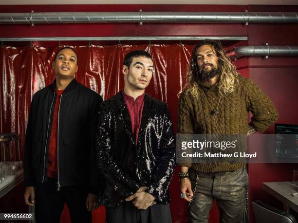 Actors from the film Justice League, Ray Fisher, Ezra Miller and Jason Momoa are photographed for the Los Angeles Times on November 4, 2015 in...