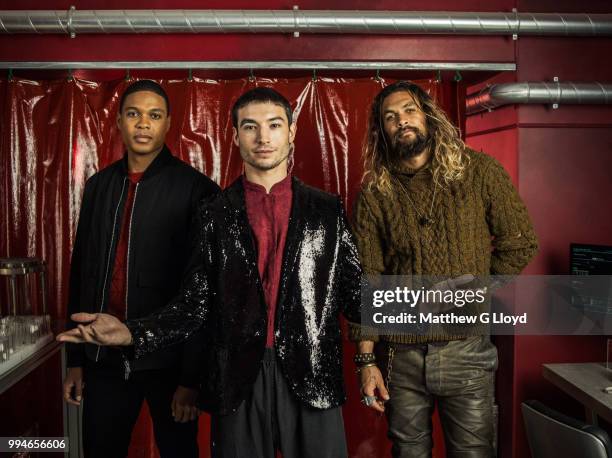 Actors from the film Justice League, Ray Fisher, Ezra Miller and Jason Momoa are photographed for the Los Angeles Times on November 4, 2015 in...