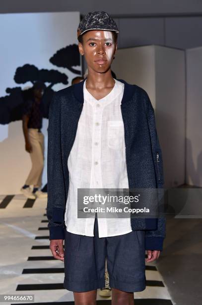 Model poses for the Krammer & Stoudt presentation during July 2018 New York City Men's Fashion Week at Creative Drive on July 9, 2018 in New York...