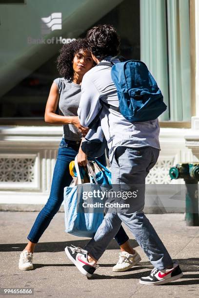 Yara Shahidi and Charles Melton are seen filming 'The Sun Is Also a Star' in Chelsea on July 9, 2018 in New York City.