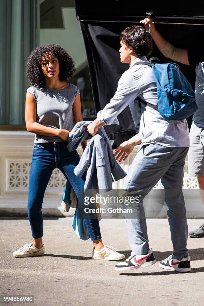 Yara Shahidi and Charles Melton are seen filming 'The Sun Is Also a Star' in Chelsea on July 9, 2018 in New York City.