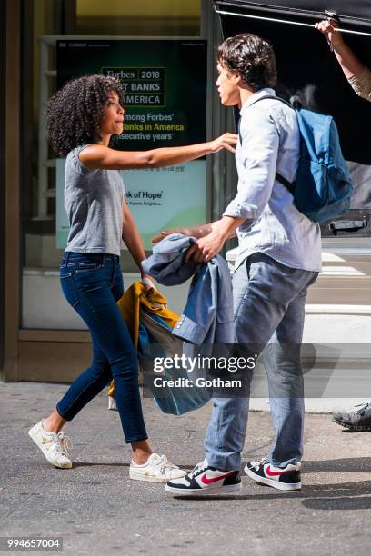 Yara Shahidi and Charles Melton are seen filming 'The Sun Is Also a Star' in Chelsea on July 9, 2018 in New York City.