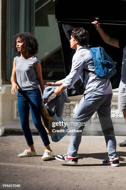 Yara Shahidi and Charles Melton are seen filming 'The Sun Is Also a Star' in Chelsea on July 9, 2018 in New York City.