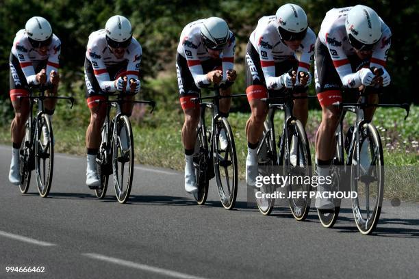 Riders of USA's Trek - Segafredo cycling team pedal during the third stage of the 105th edition of the Tour de France cycling race, a 35.5 km team...