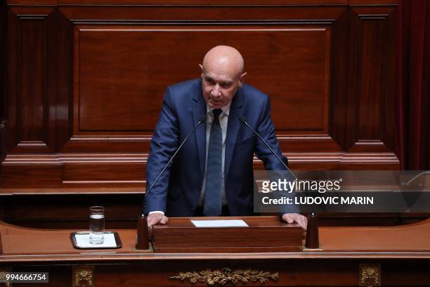 Senator Claude Malhuret delivers a speech during a special congress gathering both houses of Parliament at the congress hemicycle room in the Palace...