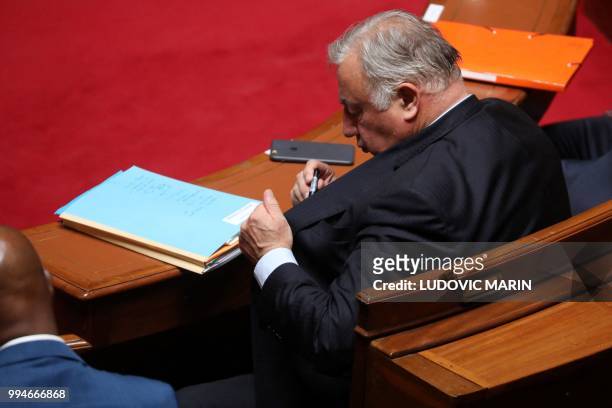 Senate house-speaker Gerard Larcher attends a special congress gathering both houses of Parliament at the congress hemicycle room in the Palace of...