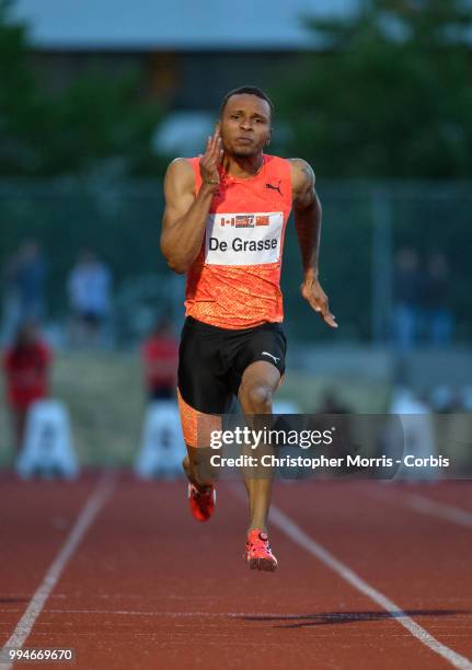 Andre De Grasse competes in the men's 100 meters at Percy Perry Stadium on June 26, 2018 in Burnaby, Canada.