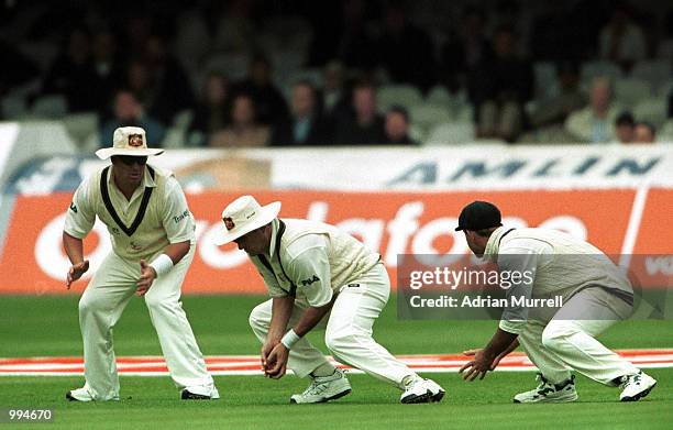 Mark Waugh of Australia catches Mark Butcher of England to equal Mark Taylor's world record of catches during the match between England and Australia...