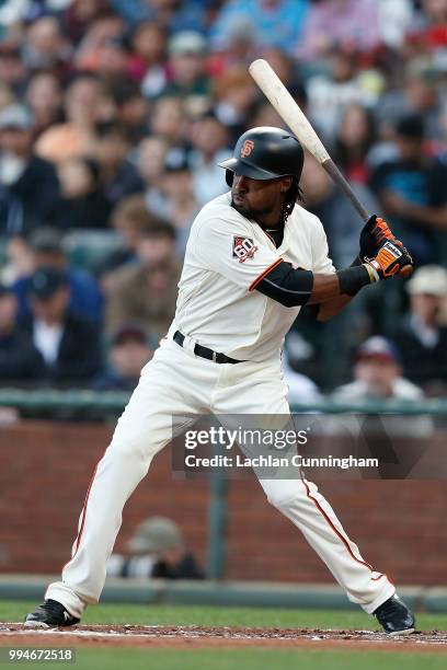 Alen Hanson of the San Francisco Giants at bat in the first inning against the St Louis Cardinals at AT&T Park on July 5, 2018 in San Francisco,...
