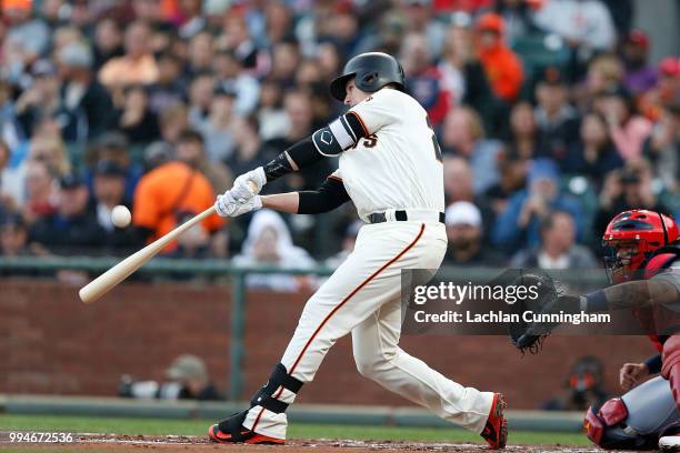 Buster Posey of the San Francisco Giants pops out in the first inning against the St Louis Cardinals at AT&T Park on July 5, 2018 in San Francisco,...