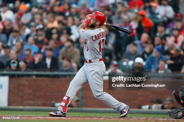 Matt Carpenter of the St Louis Cardinals hits a solo home run in the second inning against the San Francisco Giants at AT&T Park on July 5, 2018 in...