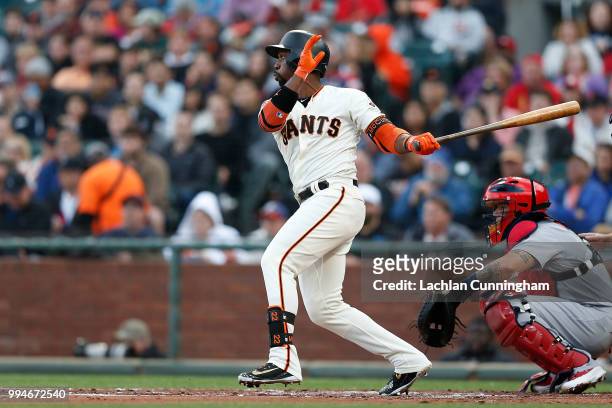 Andrew McCutchen of the San Francisco Giants lines out in the first inning against the St Louis Cardinals at AT&T Park on July 5, 2018 in San...