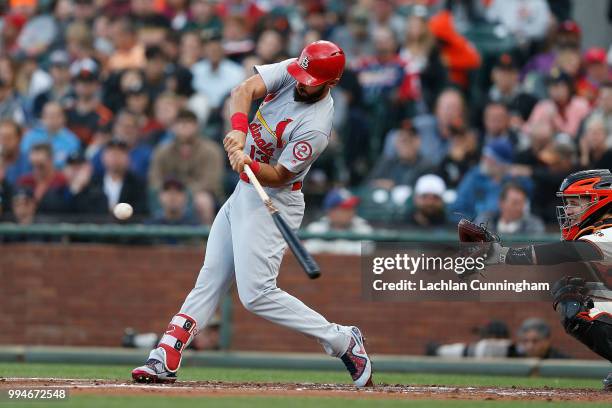 Matt Carpenter of the St Louis Cardinals hits a solo home run in the second inning against the San Francisco Giants at AT&T Park on July 5, 2018 in...