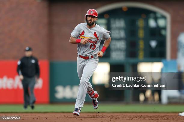 Matt Carpenter of the St Louis Cardinals rounds the bases after hitting a solo home run in the second inning against the San Francisco Giants at AT&T...