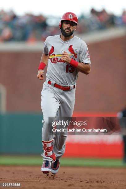 Matt Carpenter of the St Louis Cardinals rounds the bases after hitting a solo home run in the second inning against the San Francisco Giants at AT&T...