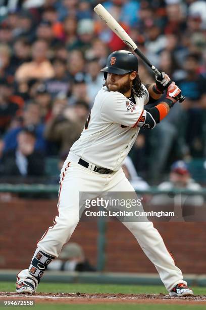 Brandon Crawford of the San Francisco Giants at bat in the second inning against the St Louis Cardinals at AT&T Park on July 5, 2018 in San...