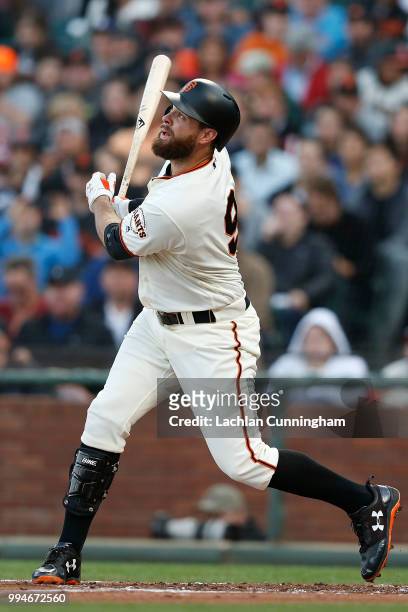 Brandon Belt of the San Francisco Giants at bat in the second inning against the St Louis Cardinals at AT&T Park on July 5, 2018 in San Francisco,...