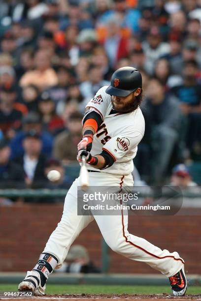 Brandon Crawford of the San Francisco Giants at bat in the second inning against the St Louis Cardinals at AT&T Park on July 5, 2018 in San...