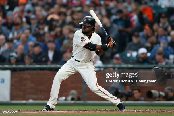 Alen Hanson of the San Francisco Giants at bat in the fourth inning against the St Louis Cardinals at AT&T Park on July 5, 2018 in San Francisco,...