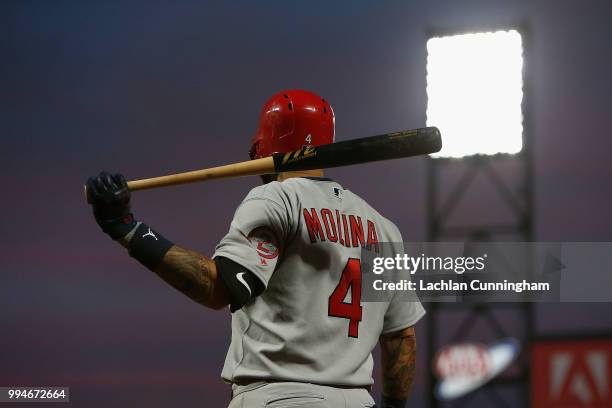 Yadier Molina of the St Louis Cardinals waits in the on deck circle in the sixth inning of the game against the San Francisco Giants at AT&T Park on...