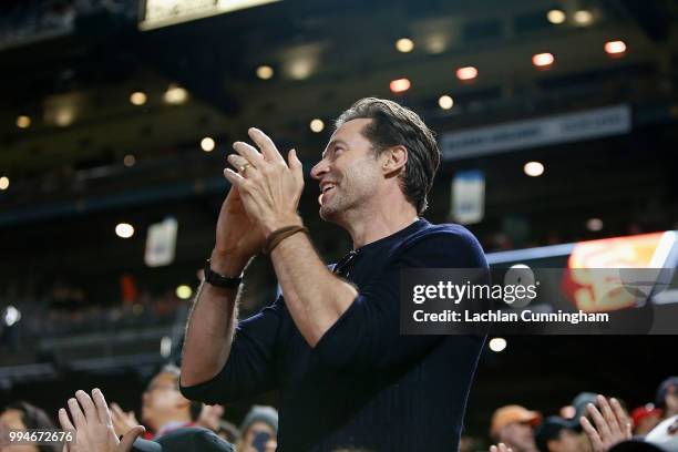 Actor Hugh Jackman watches the game between the St Louis Cardinals and the San Francisco Giants at AT&T Park on July 5, 2018 in San Francisco,...