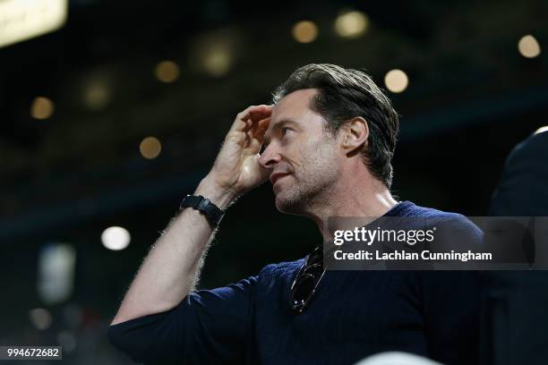 Actor Hugh Jackman watches the game between the St Louis Cardinals and the San Francisco Giants at AT&T Park on July 5, 2018 in San Francisco,...