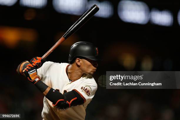 Gorkys Hernandez of the San Francisco Giants at bat in the eighth inning against the St Louis Cardinals at AT&T Park on July 5, 2018 in San...