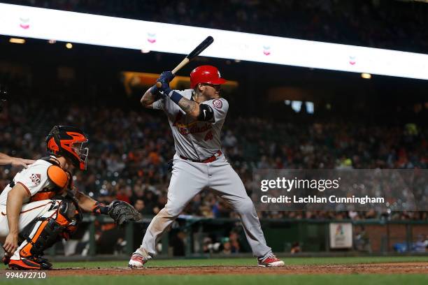 Yadier Molina of the St Louis Cardinals at bat in the eighth inning against the San Francisco Giants at AT&T Park on July 5, 2018 in San Francisco,...