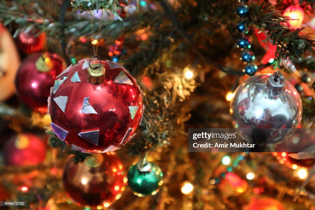 Decorated Christmas tree and ornaments